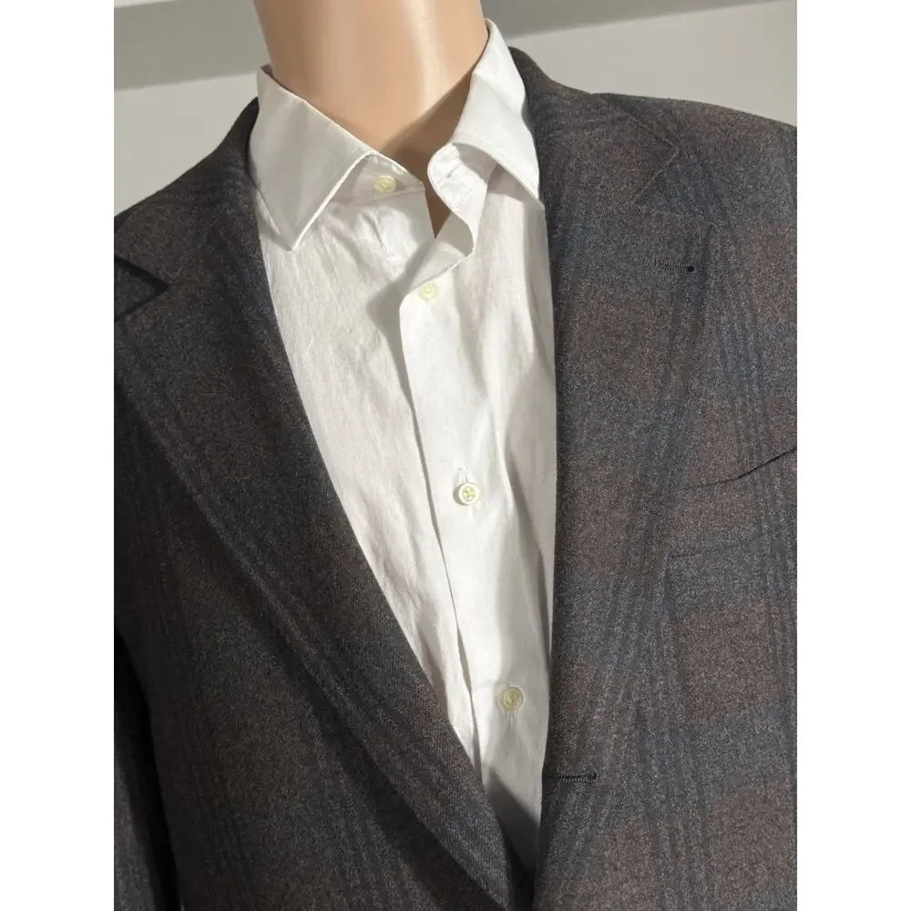 Brunello Cucinelli Burgundy Blue Flannel Plaid Blazer Jacket 54 44R Wool Cashmer